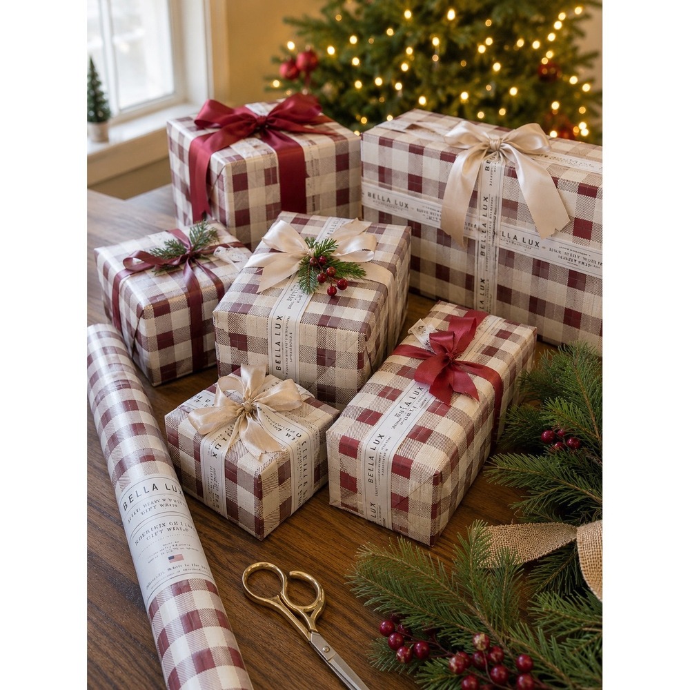 Bella Lux Luxe Heavy Weight Gift Wrap Red Cream Buffalo Plaid 30 sq ft 109-08